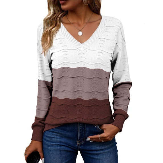 Zeagoo Womens Sweaters Fall Casual Long Sleeve V Neck Shirts Lightweight Crochet Ribbed Knit Pullover Tops