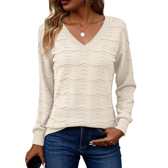 Zeagoo Womens Sweaters Fall Casual Long Sleeve V Neck Shirts Lightweight Crochet Ribbed Knit Pullover Tops