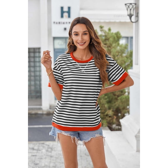 Zeagoo Womens Tops Casual Oversized Short Sleeve Sweatshirt Summer Striped Shirt Crewneck Pullover Loose T Shirts