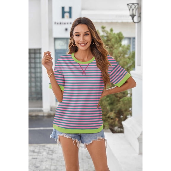 Zeagoo Womens Tops Casual Oversized Short Sleeve Sweatshirt Summer Striped Shirt Crewneck Pullover Loose T Shirts