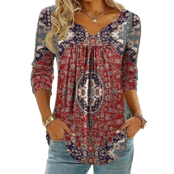 Zeagoo Womens Tops Dressy Casual Beach Vacation Clothes for Women Business Casual Long Shirts V Neck Tee Shirt Ladies Top and Blouses Ethnic Style