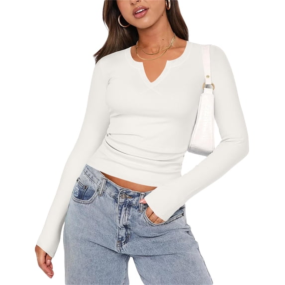 Zeagoo Womens Tops Long Sleeve Shirt Casual V-Neck Rib Knit Pullover Tee Basic Solid Trendy Fall Going Out Tops Underscrub Casual Outfits