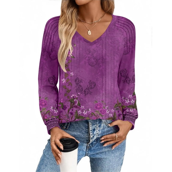 Zeagoo Womens Tops Long Sleeve Shirts V Neck Trendy Tee Pleated Tshirts Loose Tunic Work Clothes