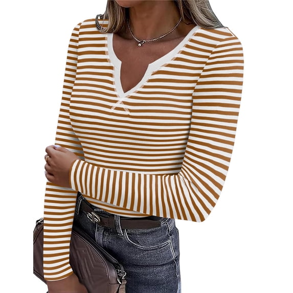 Zeagoo Womens Tshirts Long Sleeve Shirt Casual V-Neck Rib Knit Pullover Tee Basic Solid Trendy Spring Going Out Tops Underscrub Casual Outfits