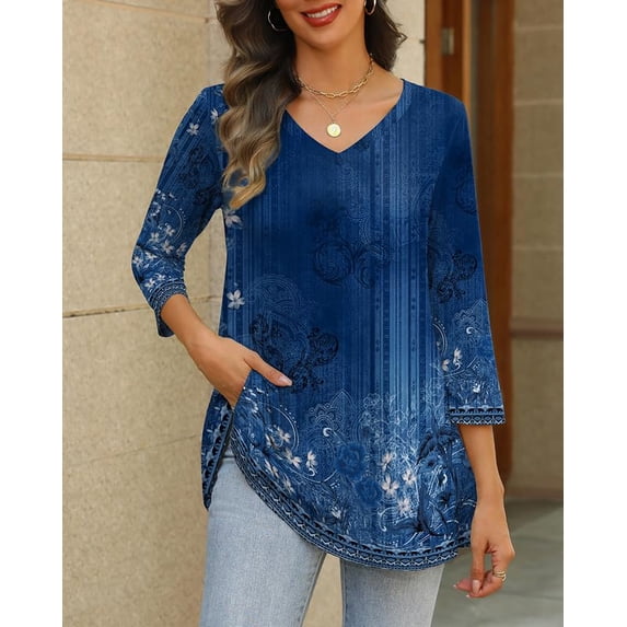 Zeagoo Womens Tunic Tops 3/4 Sleeve V Neck T Shirts Loose Fit Dressy ...