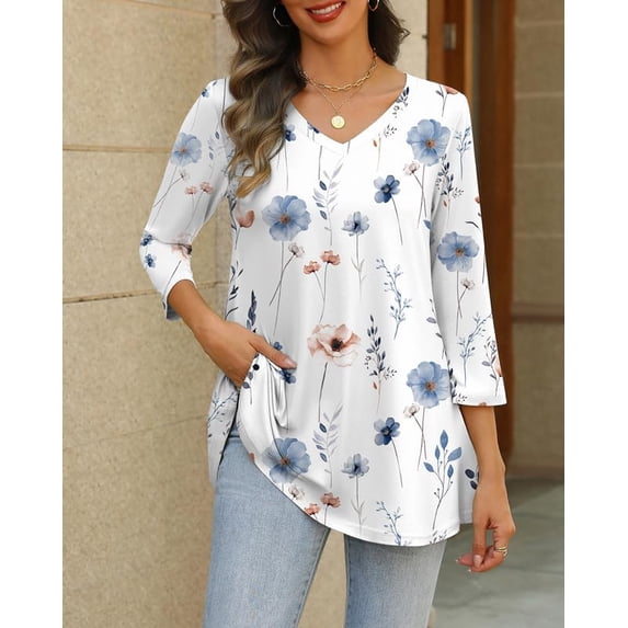 Zeagoo Womens Tunic Tops 3/4 Sleeve V Neck T Shirts Loose Fit Dressy ...