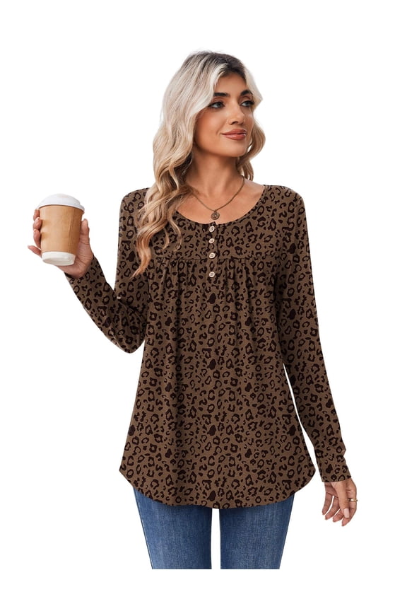Womens Tunic Tops Leopard Long Sleeve Loose Fit T Shirts Pleated Casual Blouses for Leggings Plus Size