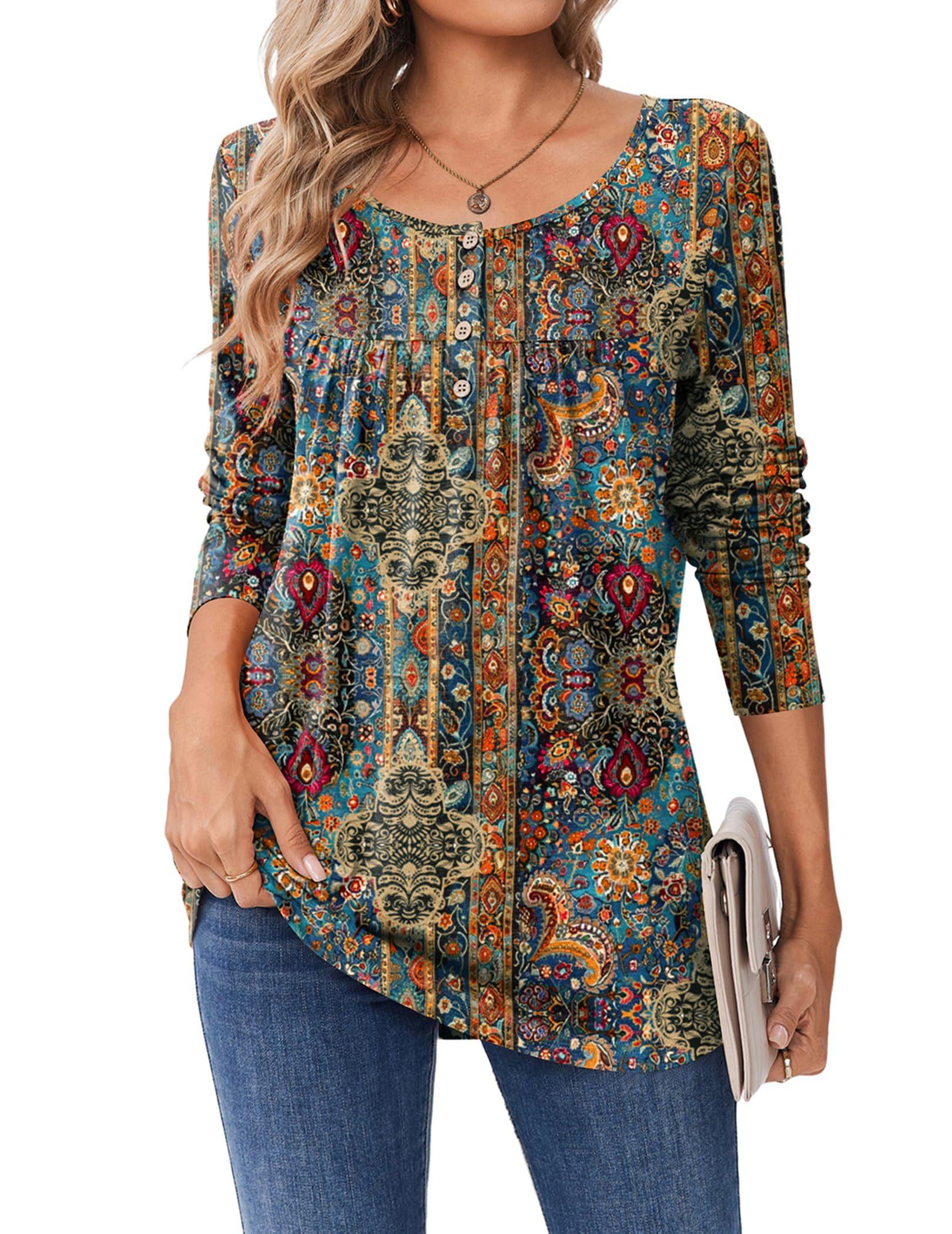 Zeagoo Womens Tunic Tops Leopard Long Sleeve Loose Fit T Shirts Pleated ...