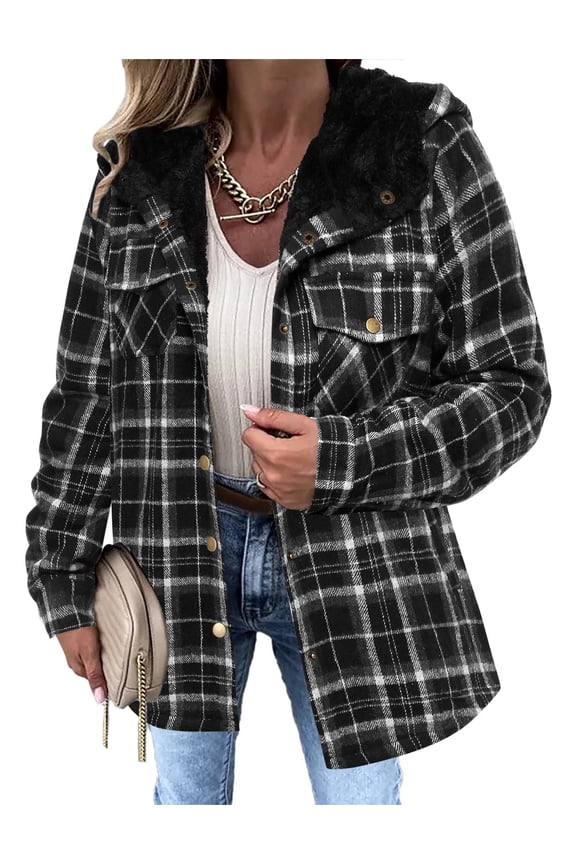 Womens Winter Plaid Jackets Fall Sherpa Shacket Jacket Fleece Hooded Coats Trendy Oversized Outerwear