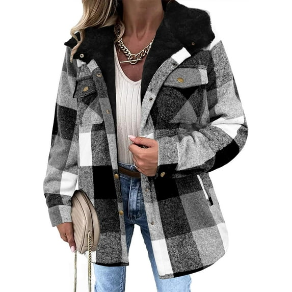 Zeagoo Womens Winter Plaid Jackets Fall Sherpa Shacket Jacket Fleece Hooded Coats Trendy Oversized Outerwear
