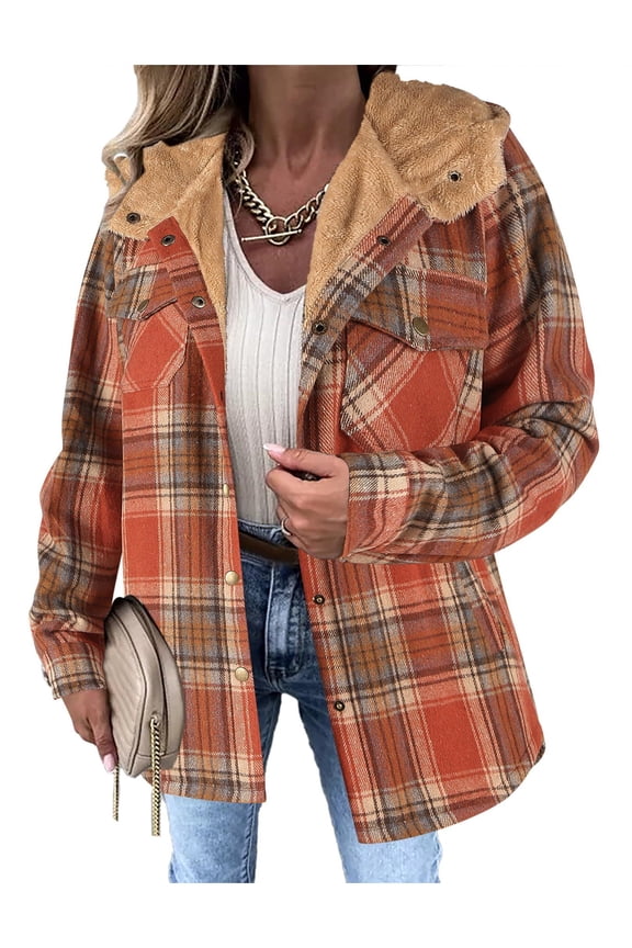 Womens Winter Plaid Jackets Fall Sherpa Shacket Jacket Fleece Hooded Coats Trendy Oversized Outerwear