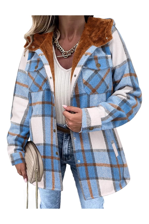 Womens Winter Plaid Jackets Fall Sherpa Shacket Jacket Fleece Hooded Coats Trendy Oversized Outerwear