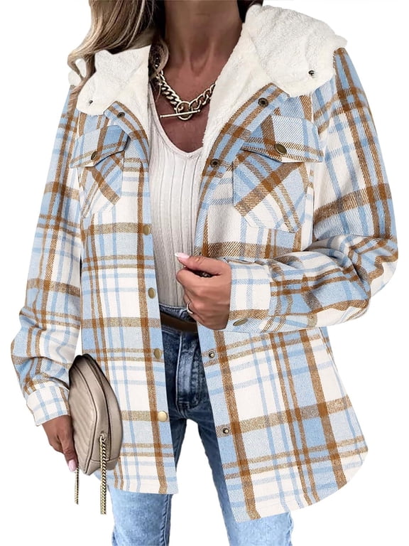 Womens Winter Plaid Jackets Fall Sherpa Shacket Jacket Fleece Hooded Coats Trendy Oversized Outerwear