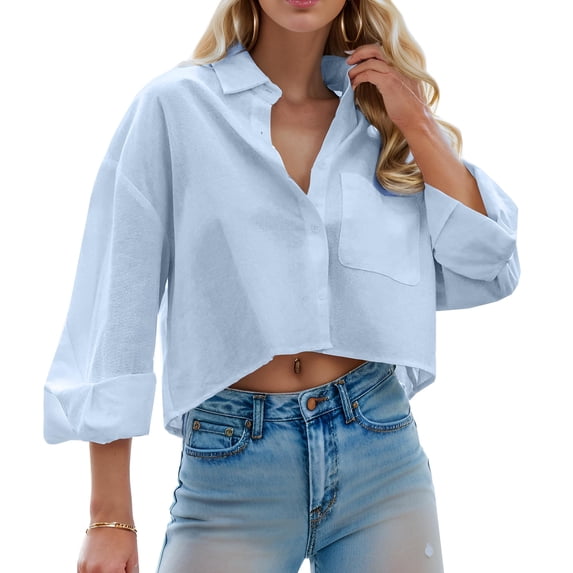 Zeagoo Womens Work Shirts Cropped Button Down Long Sleeve Tops V Neck Collared Business Casual Blouses