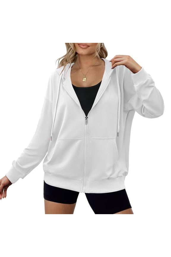 Zip Up Hoodies Coat Women Casual Jacket with Pockets Athletic Solid Long Sleeve Lightweight Oversized Sweatshirts