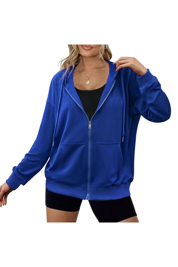 Zip Up Hoodies Coat Women Casual Jacket with Pockets Athletic Solid Long Sleeve Lightweight Oversized Sweatshirts