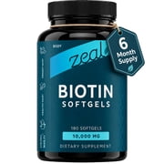 Zealot Biotin 10000mcg Softgels, Hair Skin & Nail Support, 180 Softgels