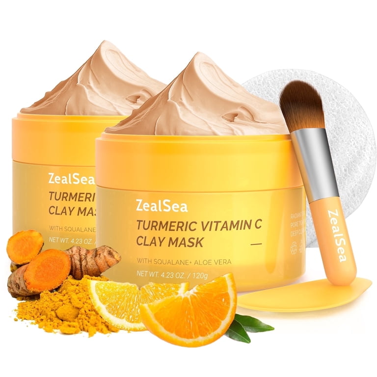 Zealsea Turmeric Clay Face Mask Deep Detox Beauty Mud Masks Vitamin C Pore Minimizer Skin Care with 30% Aloe, Jojoba Oil, Shea Butter & Squalane, 2