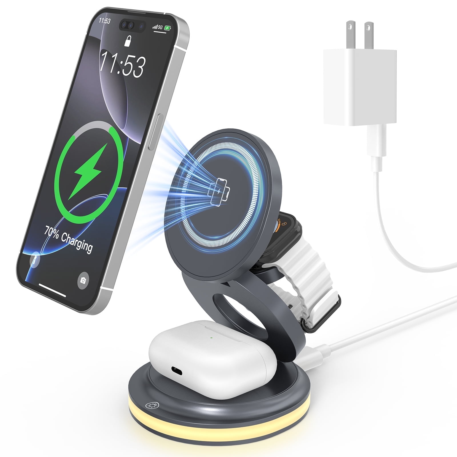 ZealSound Wireless Charger 3 in 1,Foldable Wireless Charging Station for iPhone 15W Magnetic Fast Charger Pad with Night Light & 30W Adapter,iPhone Stand for Apple Devices (Phone, AirPods, iWatch)