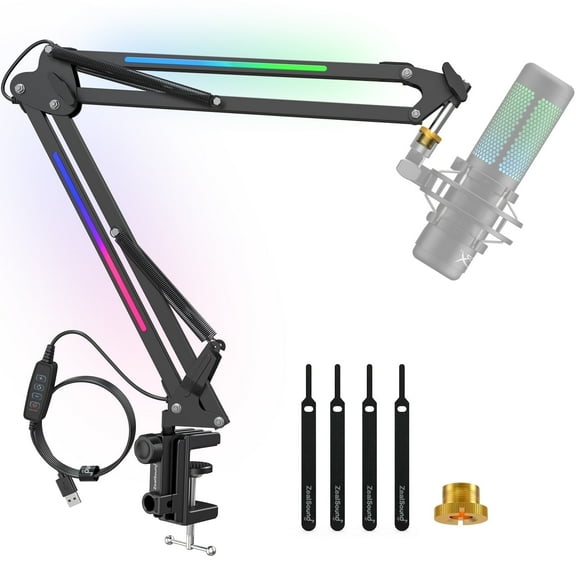ZealSound RGB Boom Microphone Stand, Adjustable Suspension Boom Arm, Compatible with Blue Yeti, Snowball, QuadCast for Gaming, Streaming, Podcasting, Includes 3/8" to 5/8" Adapter