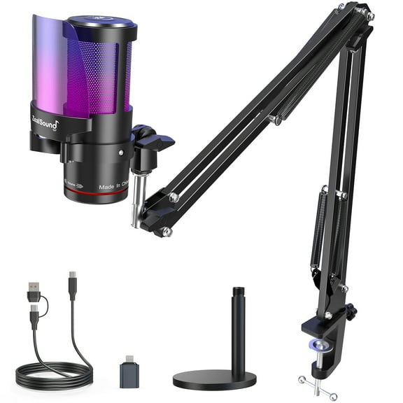 ZealSound Gaming USB Microphone,Noise Cancellation Condenser Mic with Touch Mute,Gain,Monitoring,Boom Arm for Streaming,Podcast,Twitch,YouTube,Discord,iPhone,iPad,PC,Computer,PS4,PS5,Mac,Gamerwave