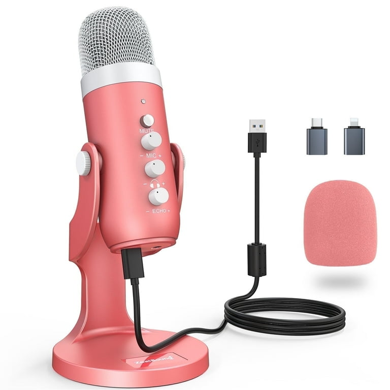 ZealSound Pink USB Gaming Microphone K66 with Quick Mute, Gain