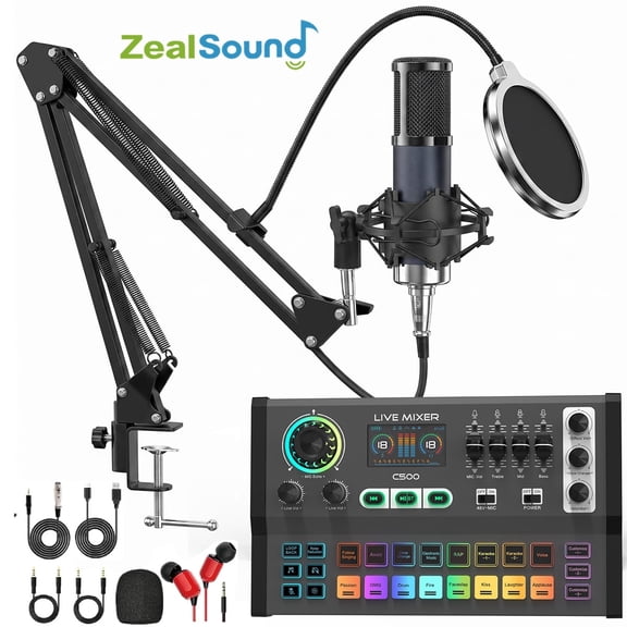 ZealSound Professional Podcast Equipment Bundle, Condenser Microphone with Live Sound Card Mixer, Black