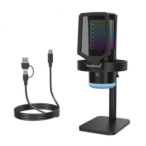 ZealSound Gaming USB Microphone with RGB Light, Noise Cancelling, Echo and Mute Control, Plug & Play Condenser Mic for PC, Streaming, Podcast, and Recording on Mac & Window