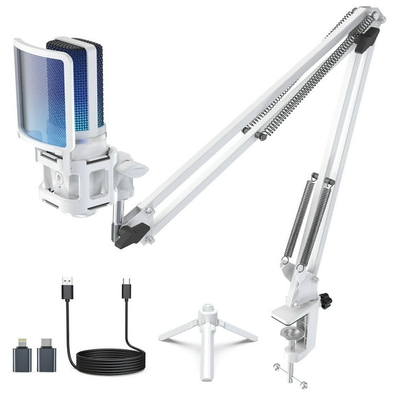 ZealSound USB Condenser Microphone with RGB Lights, One-Touch Mute & Volume Control, Adjustable Boom Arm Stand, Pop Filter, Shock Mount, USB-C Adapter, Plug & Play for Recording, Gaming, Meetings