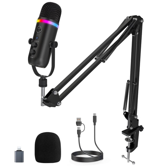 ZealSound Podcast Microphone for PC/Mac/iPhone USB Studio Mic with Noise Cancellation, RGB Lighting, Mute, Gain, Monitoring & Echo, Boom Arm & Pop Filter, Streaming, Recording, TikTok, YouTube
