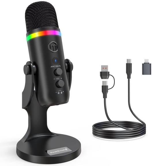 ZealSound Podcast Microphone for PC, USB Mic with Noise Reduction, Tap-to-Mute, Gain & Echo Controls, Zero-Latency Monitoring, RGB Lighting for Mac, iPhone, iPad, Live Streaming & Voice-Over K66 Pro