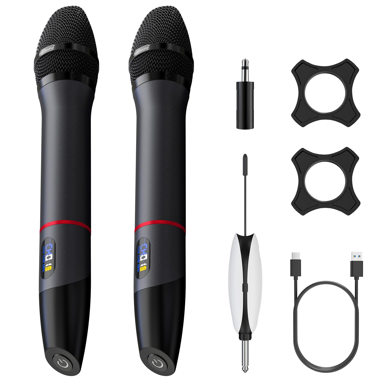 ZealSound UHF Wireless Microphone System-Metal Rechargeable Cordless Dynamic Mic,2 Handheld Mics with Auto Frequency Scan,LCD Display,200ft Range Professional for Karaoke,Church,Stage,Live