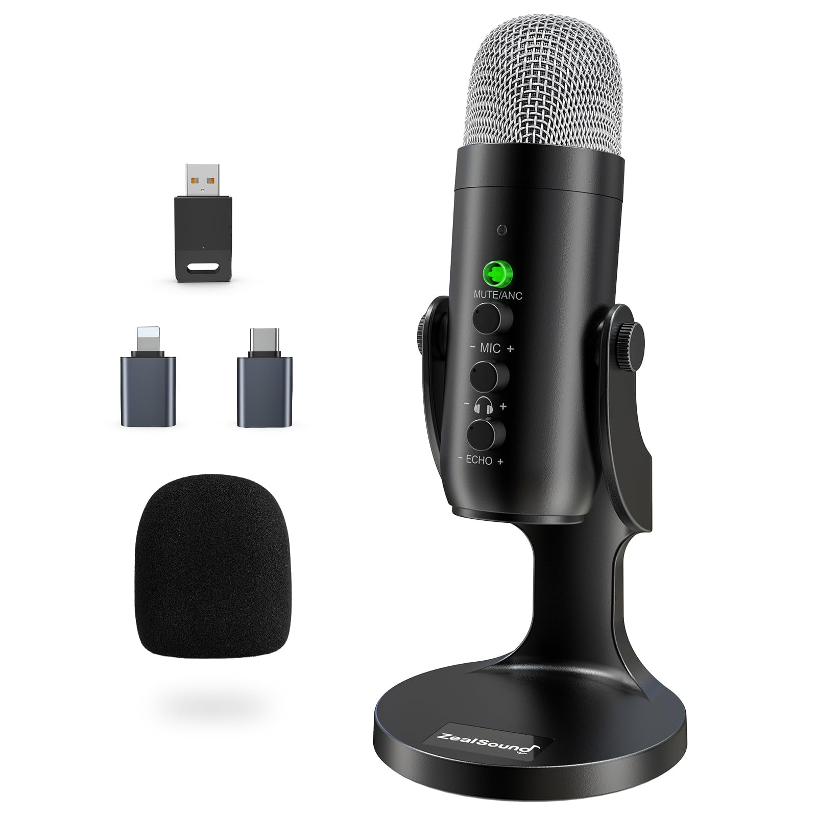 ZealSound Wireless Microphone,USB Mic for iPhone PC iPad Android Phone-Cordless Microphones with Mute Echo Monitor Volume Gain & Bluetooth BGM,2.4GHz for Podcast,ASMR,Gaming,YouTube Video/K66 Black