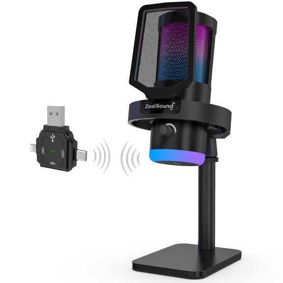 ZealSound Wireless Desktop Microphone for PC, Mac, iPhone, iPad & Android, 2.4G with 3-in-1 Receiver, Noise Reduction, Volume Knob, Mute, RGB, Real-Time Monitoring for Podcasting, Streaming & Gaming