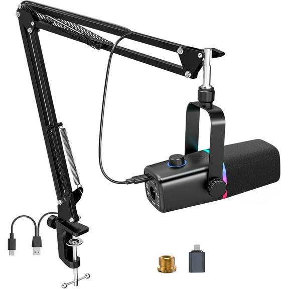 ZealSound XLR/USB Dynamic Microphone for Gaming Podcast,Mic for iPhone Phone PC Computer Gaming Streaming Microphone with RGB Light,Mute Button,Mic Gain,Headphones Jack,Boom Arm Stand,Singing YouTube