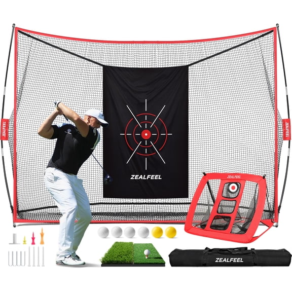 Zealfeel 10 x 7 ft Golf Practice Net Set: Backyard Driving & Chipping Set with Silk Target, Foldable Mat, 8 Tees, 6 Balls and Durable Carry Bag