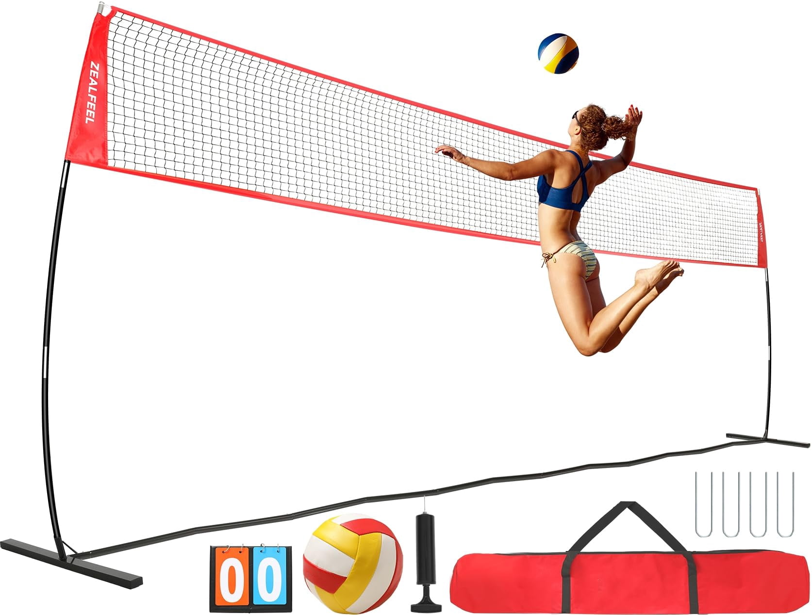 Zealfeel Adjustable Portable 20ft Volleyball Training Net Set with Carry Bag for Outdoor Practice