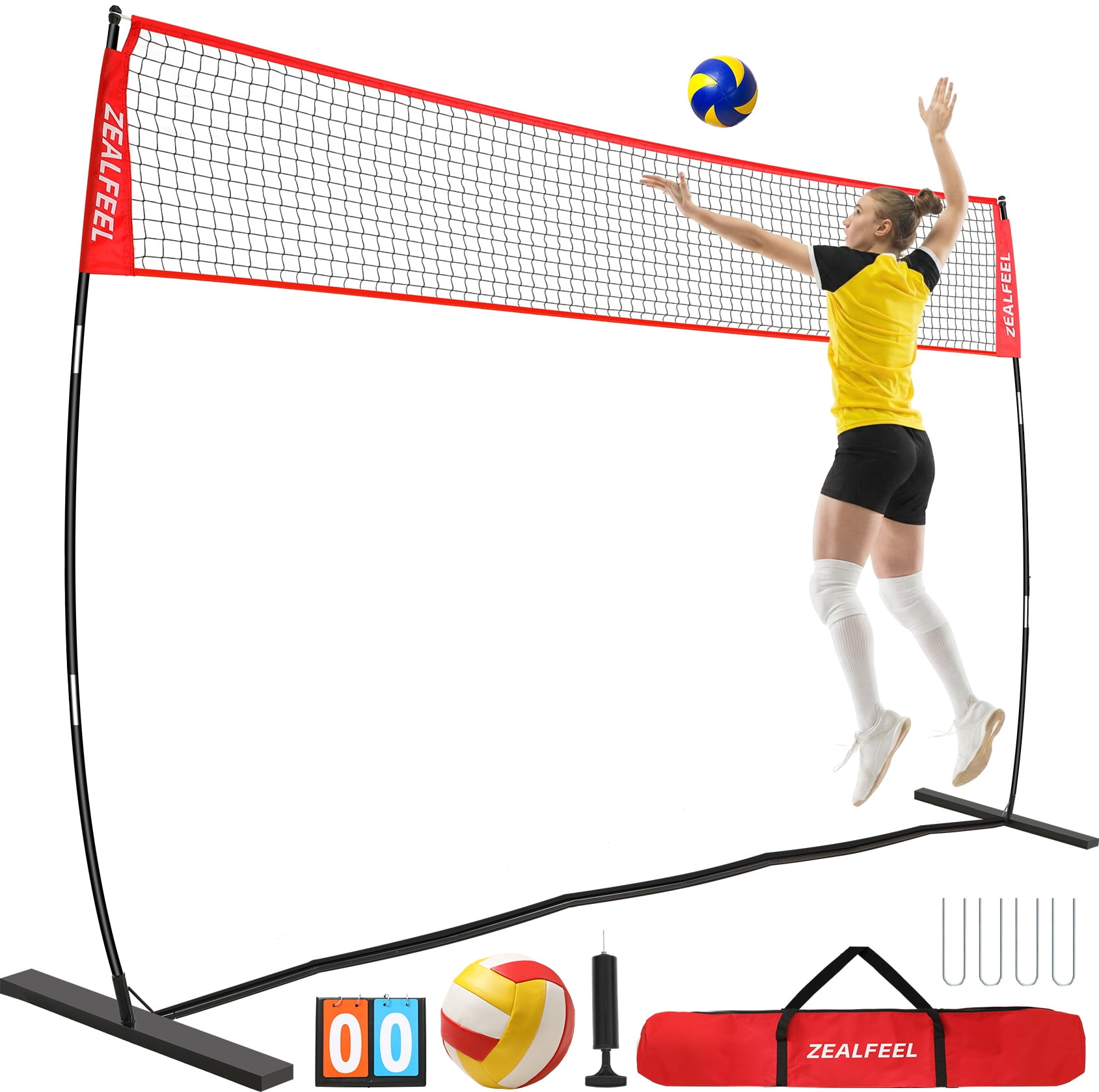 Zealfeel 20ft Volleyball Net Set: Height Adjustable Freestanding Training Net for Backyard & Outdoor Use. Includes All Accessories and Carry Bag