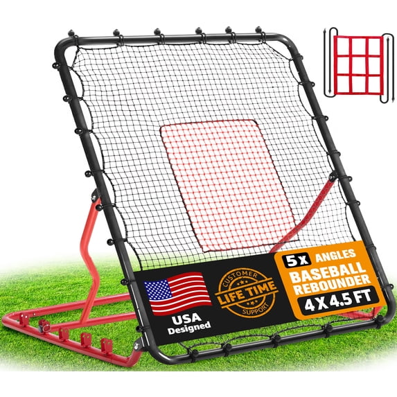 Zealfeel 4 x 4.5 ft Baseball Rebounder Net: 5-Angle Steel Frame Pitch Back with UV-Resistant Netting & 2 Strike Zones. Includes Durable Carry Bag