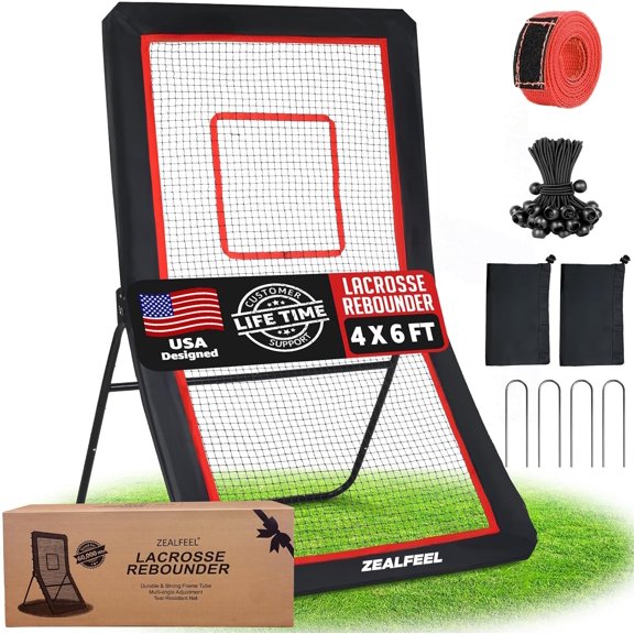 Zealfeel 4 x 6 ft Lacrosse Rebounder: 5-Angle Adjustable Bounce Back Net with Target Strip. Portable Training Set for Lax & Soccer. Includes Carry Bag