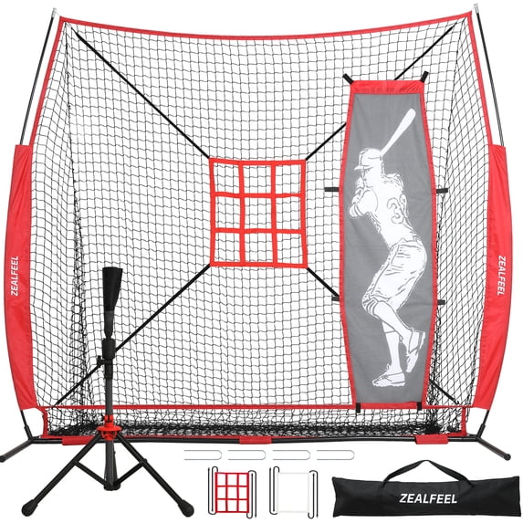 Zealfeel 7 x 7 ft Baseball & Softball Net Set: Includes Batting Tee, Dummy Batter, 2 Strike Zones & Ball Collection System. Steel Frame & Carry Bag