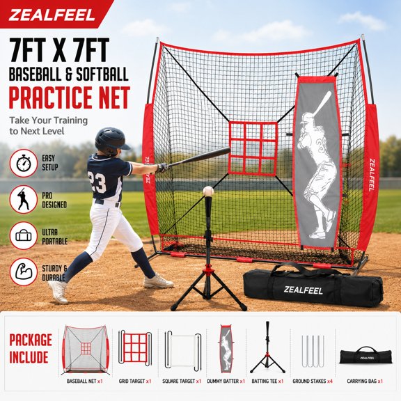 Zealfeel 7 x 7 ft Baseball & Softball Net Set: Includes Batting Tee, Dummy Batter, 2 Strike Zones & Ball Collection System. Steel Frame & Carry Bag