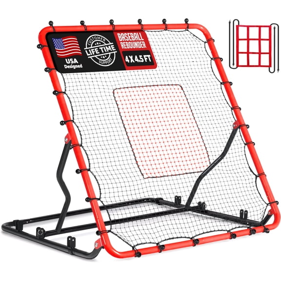 Zealfeel Baseball Rebounder Net 4x4.5FT with 3 Angles, Pitch Back Trainer with 2 Strike Zones