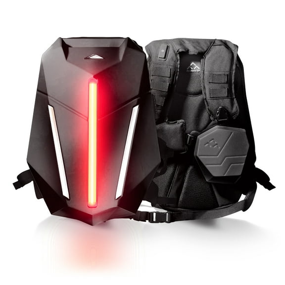 FarMyth Zealot Armor Hardshell LED Motorcycle Backpack with Crash Protection, Waterproof, 30-75L Helmet Storage,  Password Lock, Void Black
