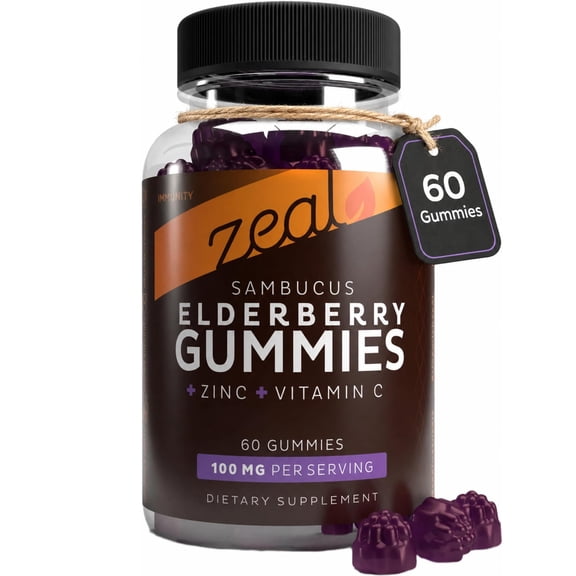 Zealot Sambucus Elderberry Gummies with Zinc & Vitamin C, Immune Support, 60 Gummies