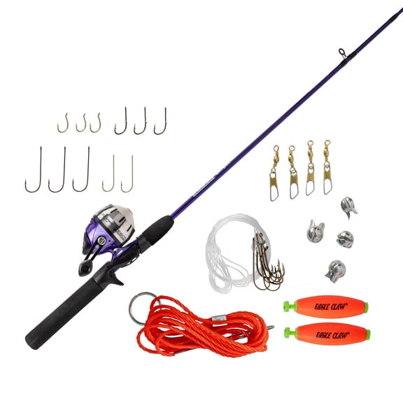 Zebco 202 ZeeBee Spincast Reel and Fishing Rod Combo, 5-Foot 6-Inch Rod, Med-Light Power, Mod-Fast Action, Size 30 Reel, Right-Hand Retrieve, 29-Piece Eagle Claw Tackle Kit, Purple