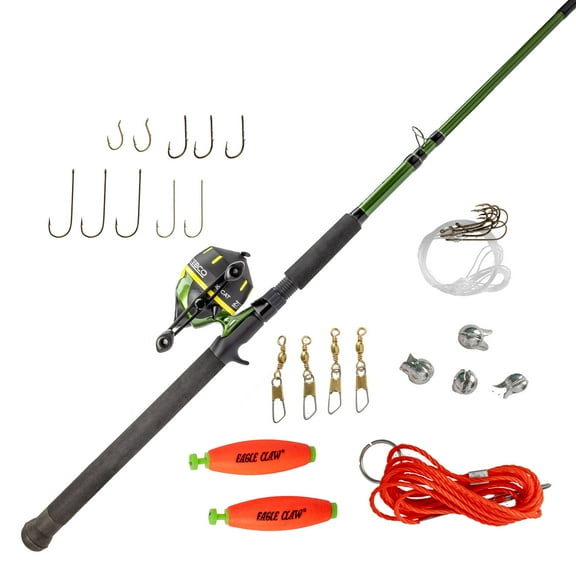 Zebco 606 Big Cat Spincast Reel and Fishing Rod Combo, 7-Foot 2-Piece Telescopic Rod, Medium-Heavy Power, Moderate-Fast Action, Size 60 Reel, 11-Piece Eagle Claw Tackle Kit, RH Retrieve