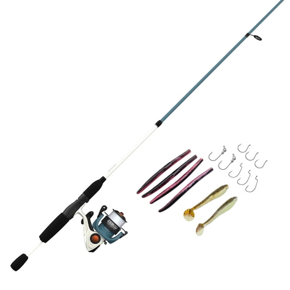 Zebco Custom-Z Spinning Reel and Fishing Rod Combo, 6-Foot 6-Inch 2-Piece Telescopic Rod, Medium Power, Moderate-Fast Action, Size 30 Reel, 14-Piece Strike King Tackle Kit, Blue/White