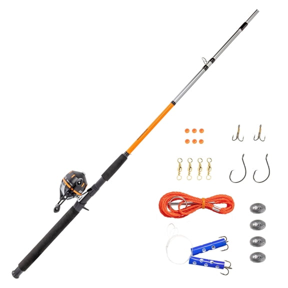 Zebco Ready Tackle Catfish Spincast Combo, 7-Foot, 2-Piece Fishing Rod, Size 60 Reel, RH Retrieve, 20-Pound Line, 11-Piece Tackle Kit
