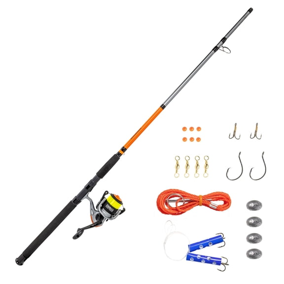 Zebco Ready Tackle Catfish Spinning Combo, 8-Foot, 2-Piece Fishing Rod, Size 60 Reel, 17-Pound Line, 11-Piece Tackle Kit